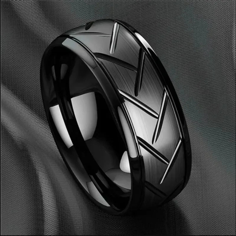 Trendy 8mm Men Frosted Stainless Steel Rings, Gold Color Brushed Groove Beveled Edge Engagement Rings For Men, Wedding Jewelry