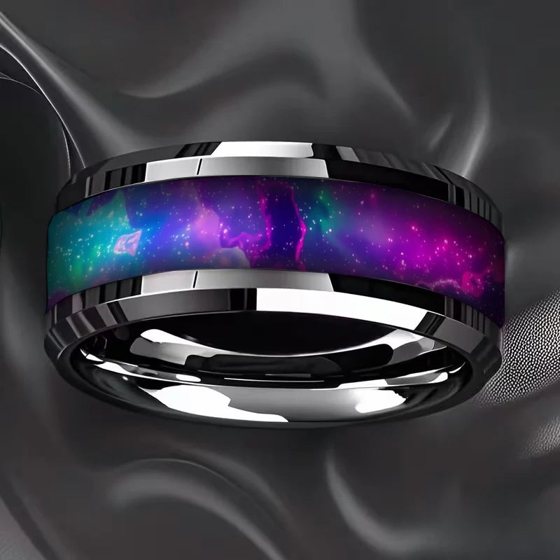 Fashion Men Stainless Steel Rings, With Purple-Blue Gradient Flame Pattern Inlay Rings for Men Wedding Bands Jewelry Drop Ship