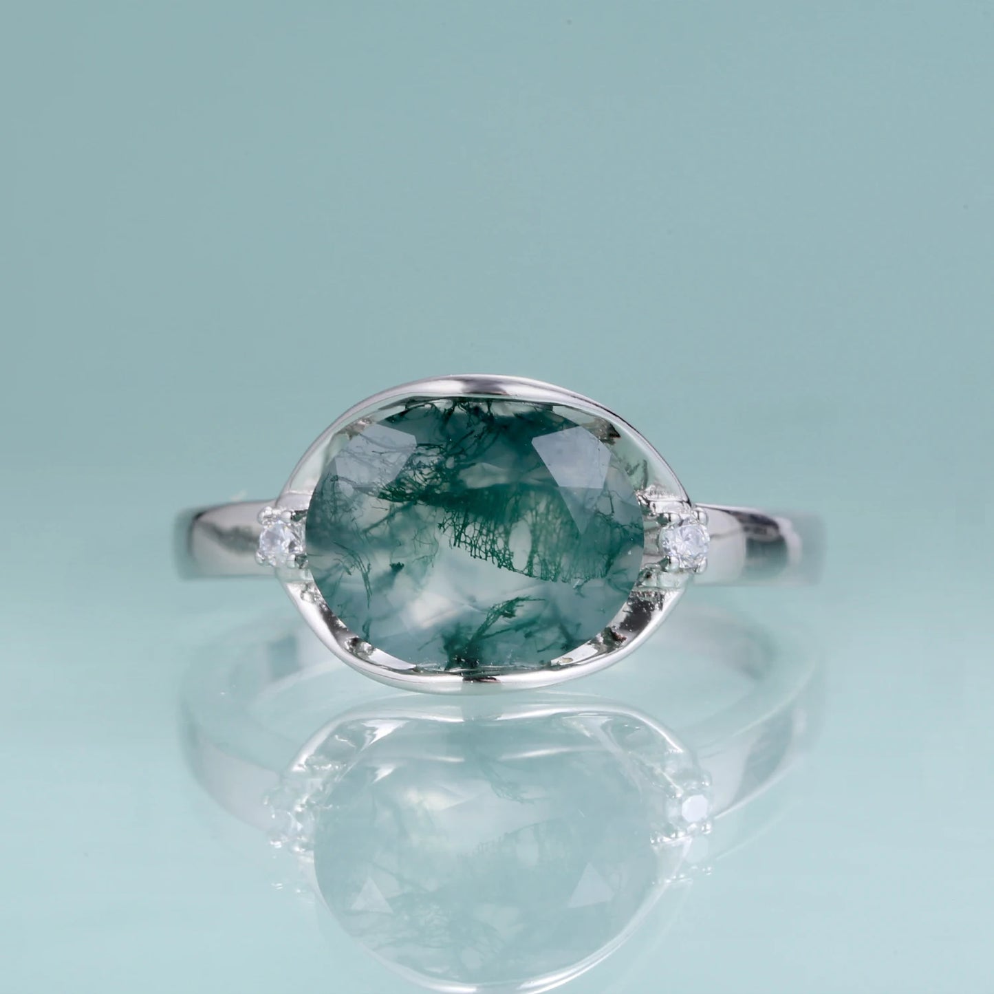 GEM'S BALLET Birthstone Dainty Ring 8X10mm Oval 2.91Ct Natural Moss Agate Gemstone Ring in 925 Sterling Silver Gift For Her