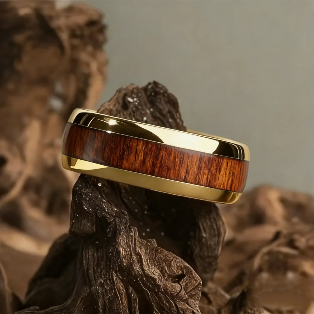 Fashion Koa Wood Inlay Rings 8MM Gold Color Men Stainless Steel Rings For Men Women Domed Wedding Engagement Jewelry Gift