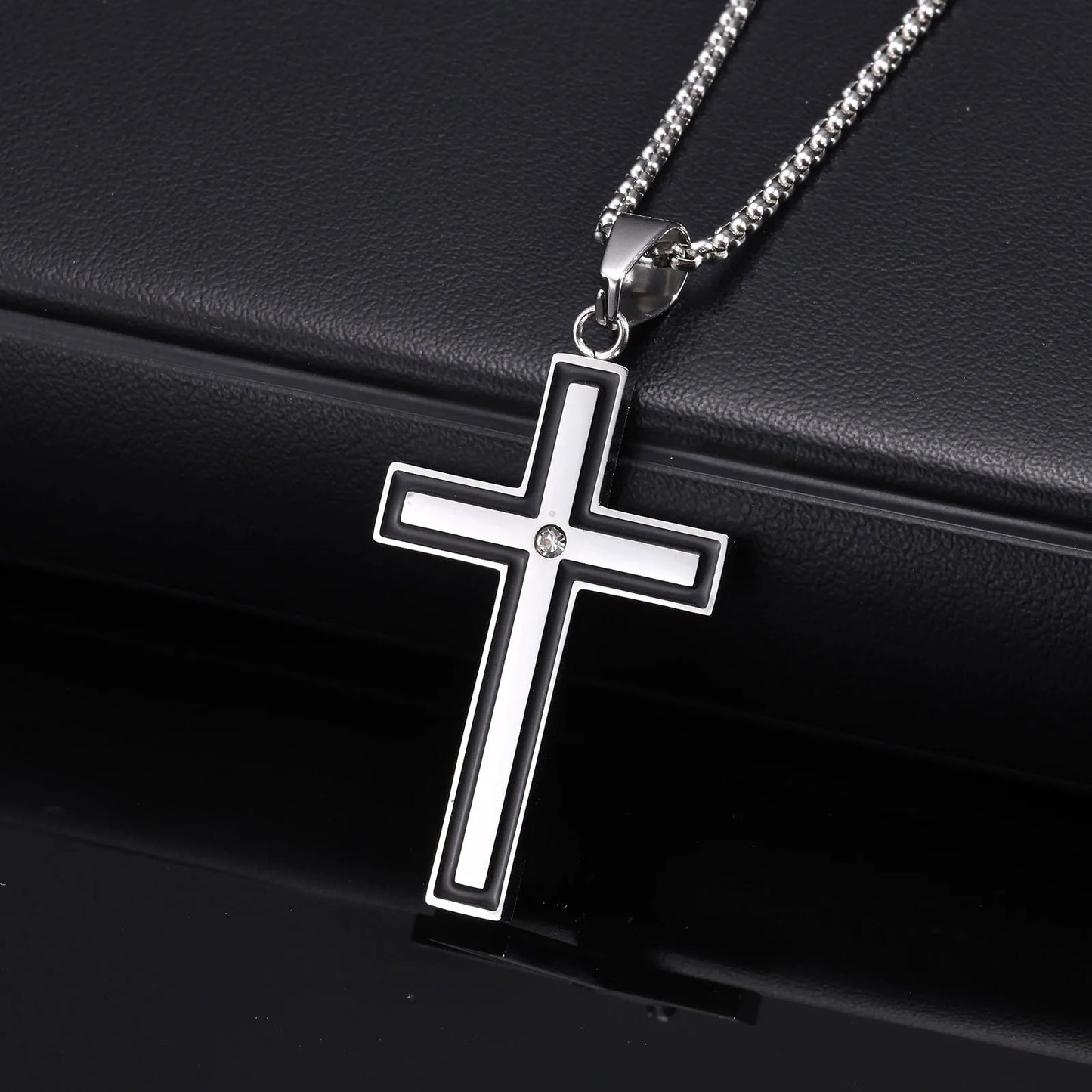 Mens Stainless Steel Cross Necklaces,Cross Center Zircon Pendant Collars with Black Glue Edge,Stylish Classic Jewelry Gifts