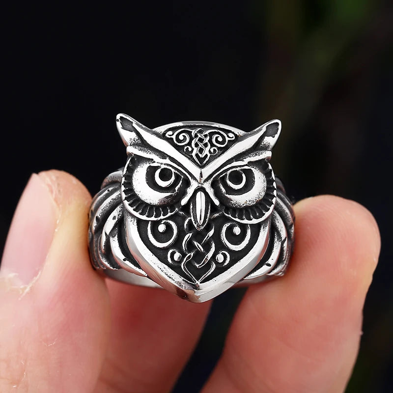 316L Stainless Steel Odin Norse Anel Amulet Owl Head Viking Animal Rings For Men Women Retro Jewelry Party Gift