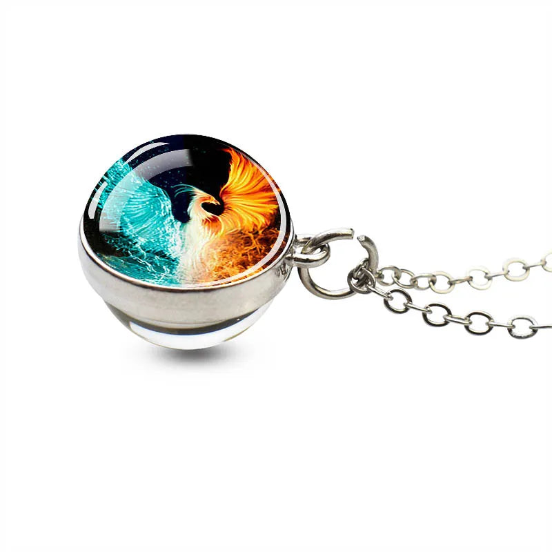 Ice and Fire Phoenix Yin Yang Aurora Necklaces Double Sided Glass Ball Pendant Fashion Chains Necklace Women Men Cool Jewelry