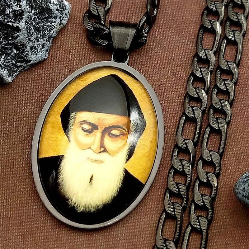 Orthodox Church Saint Charbel Glass Medal Pendant Necklace for Women Men Stainless Steel Gold Color Amulet Protection Jewelry