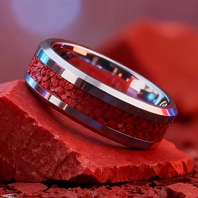 8mm Purple Red Wood Grain Stainless Steel Ring, Cool Promise Wedding Band for Men & Women, Comfort Fit, Wedding Band Jewelry