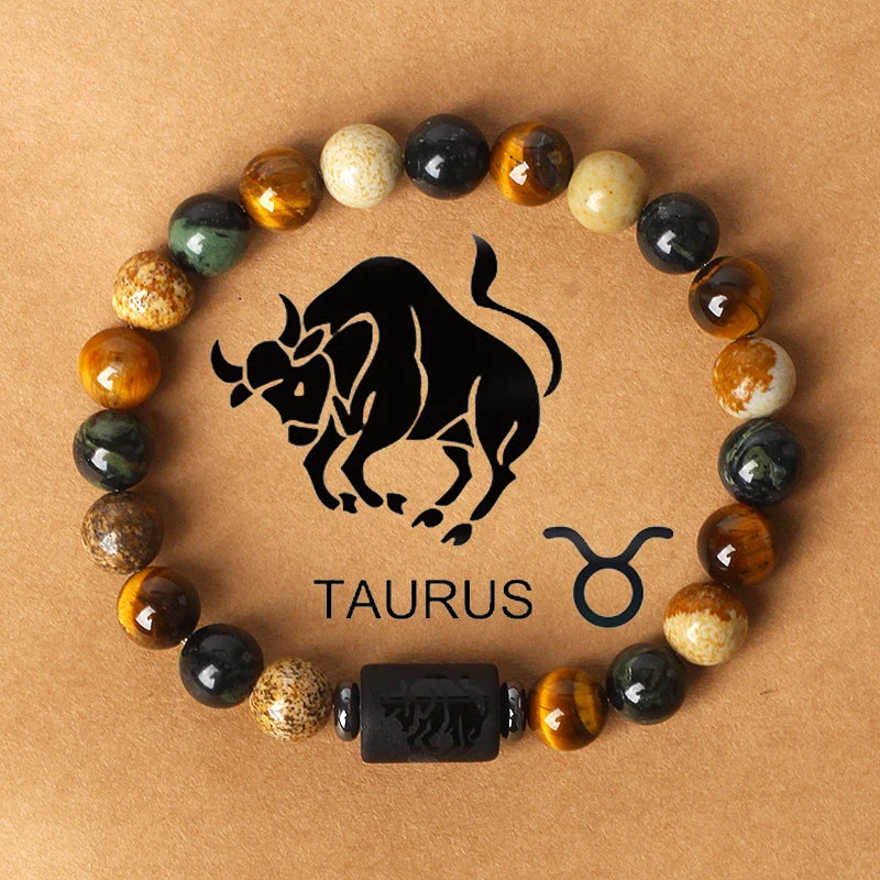 12 Zodiac Signs Constellation Charm Bracelet Men Women Fashion Tiger Eye Stone Beaded Bracelets Virgo Leo Libra Couple Jewelry
