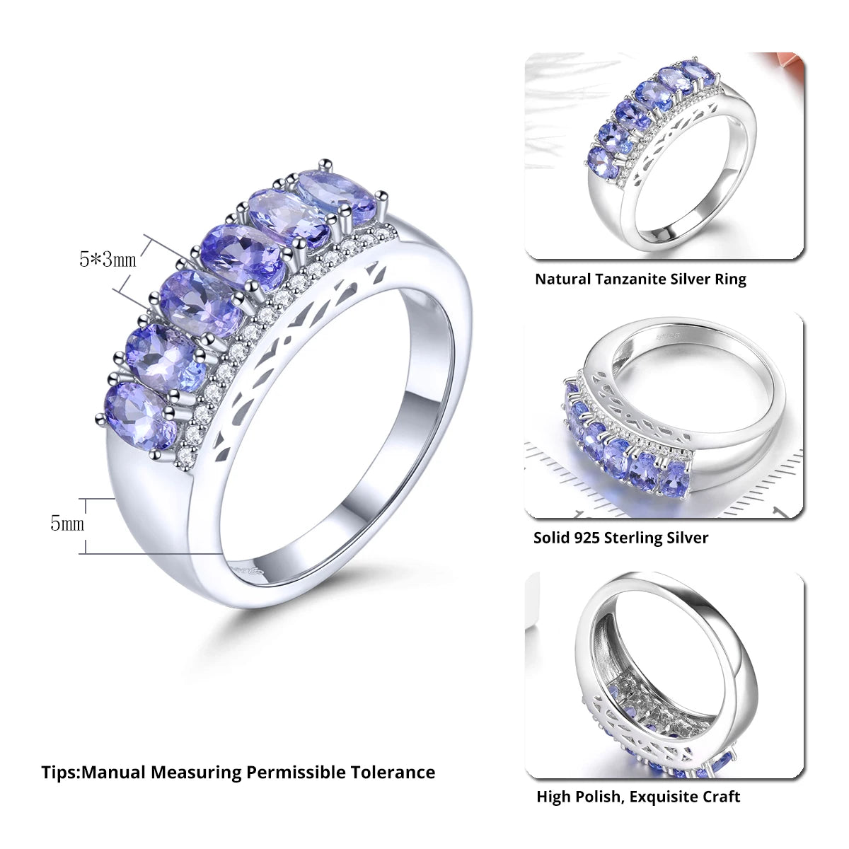 Natural Tanzanite Solid Silver Women's Ring 1.6 Carats Genuine Gemstone Romantic Exquisite Style S925 Fine Jewelry Top Quality