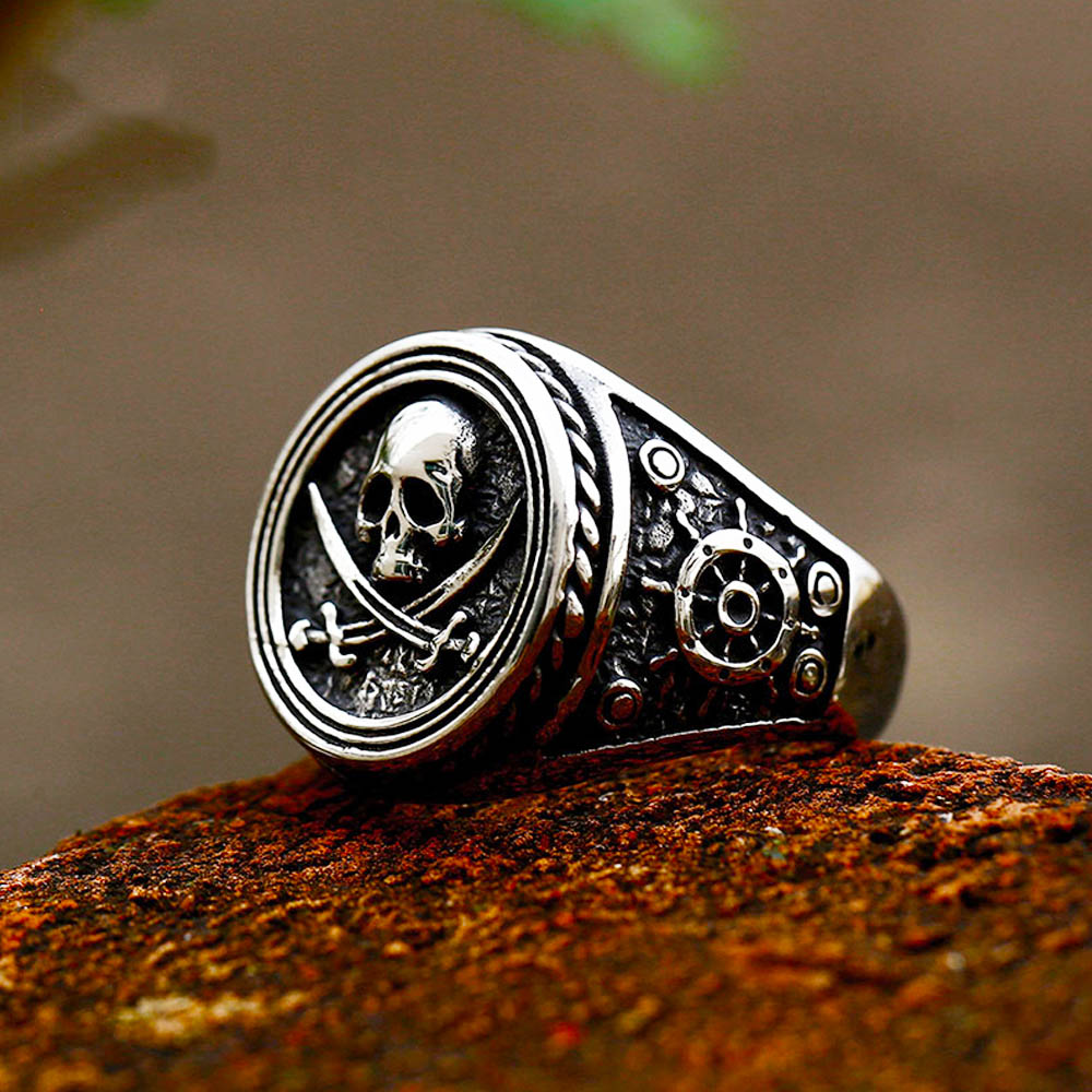Vintage Pirate Signet Double Knife Skull Rings Men Stainless Steel Viking Compass Ring Biker Amulet Jewelry Gift Drop Shipping