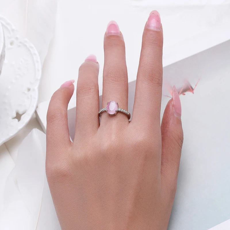 Modian Genuine 925 Sterling Silver Fashion Romantic Oval Pink Opal Finger Ring For Women Girls Charm Party Fine Jewelry Gifts