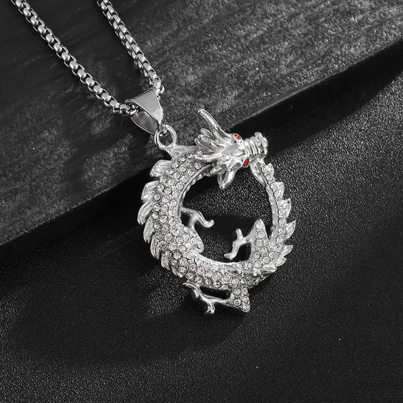 Fashion Charm Stainless Steel Dragon Necklace - Vacuum gold plating with diamond inlay Pendant Jewelry Gift Oriental Amulet Gift