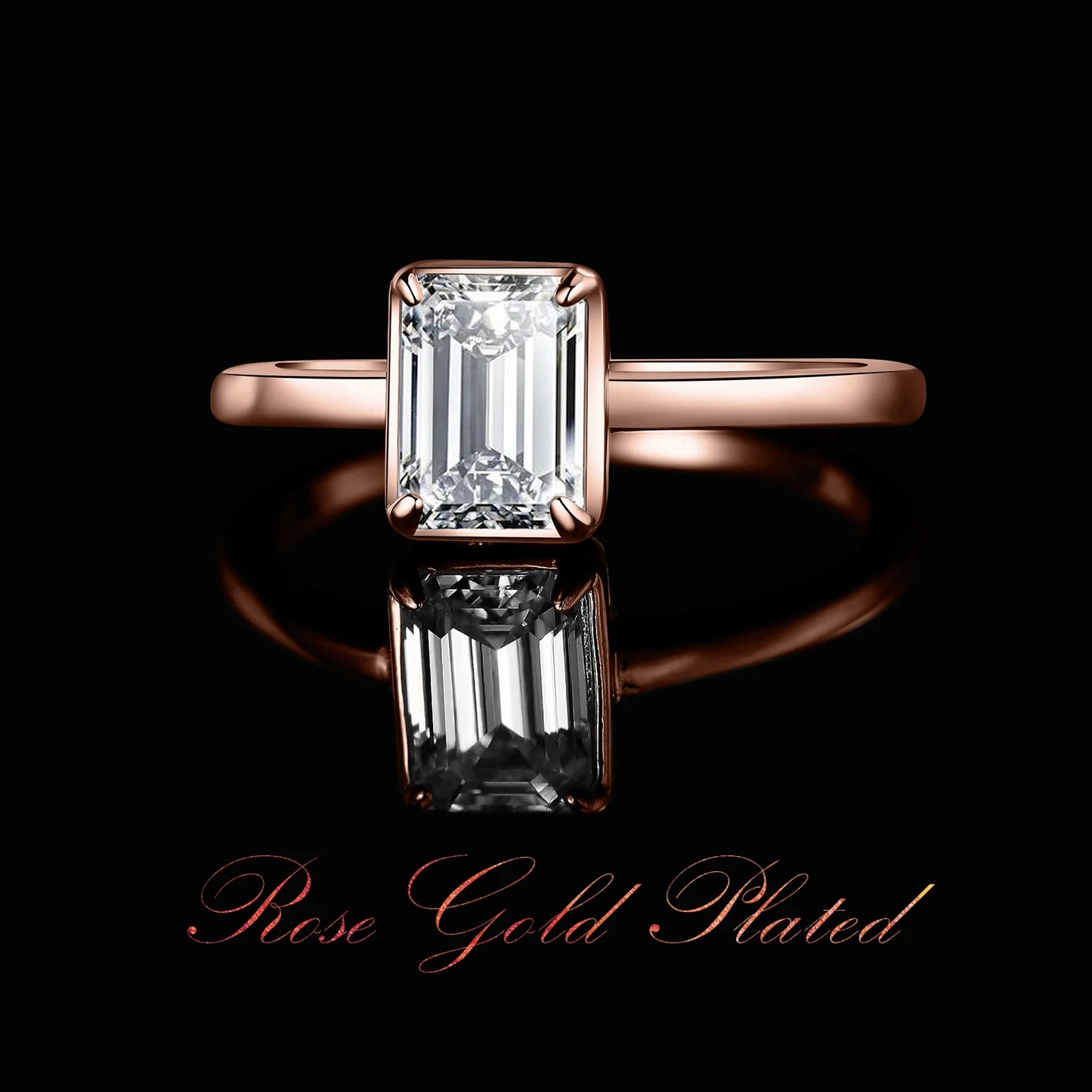JewelryPalace Moissanite D Color 1ct Emerald Cut 925 Sterling Silver Solitaire Wedding Ring for Woman Yellow Rose Gold Plated