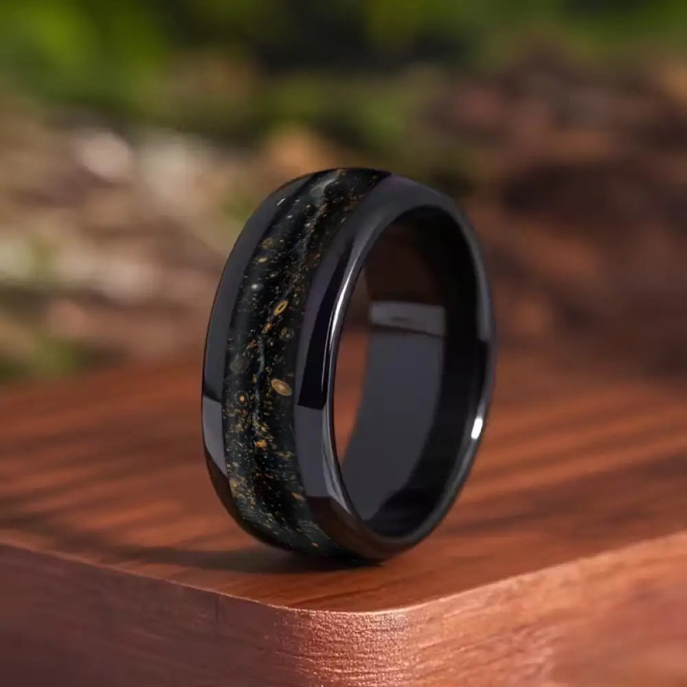 Fashion Mens Stainless Steel Rings With Black Gold Color Meteorite Inlay Ring for Men Jewelry Suitable for Daily Wear, Non-Fade