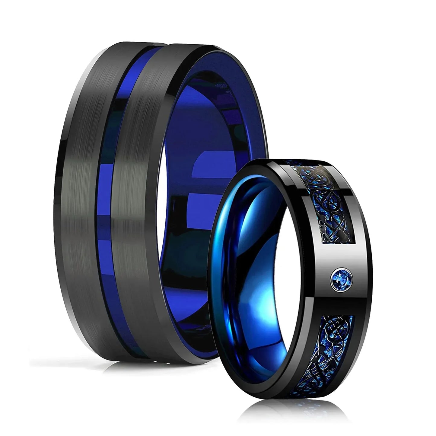 Fashion 8mm Black Tungsten Wedding Celtic Dragon Rings Inlaid Blue Zircon Stainless Steel Rings for Men Blue Carbon Fibre Ring