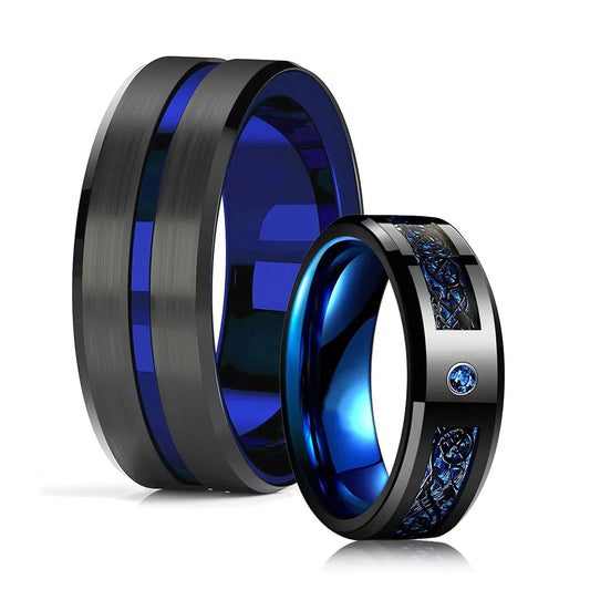 Fashion 8mm Black Tungsten Wedding Celtic Dragon Rings Inlaid Blue Zircon Stainless Steel Rings for Men Blue Carbon Fibre Ring