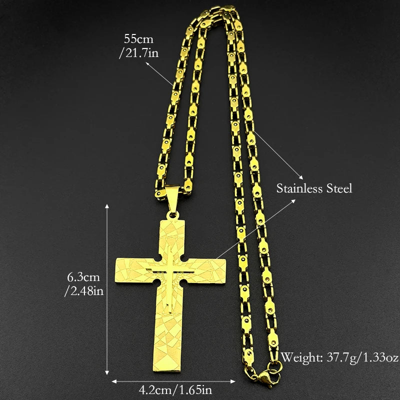 Punk Big Jesus Cross Necklace for Men Women Stainless Steel Gold Silver Color Byzantine Chain Jewelry Boy Friend Gift Jewelry