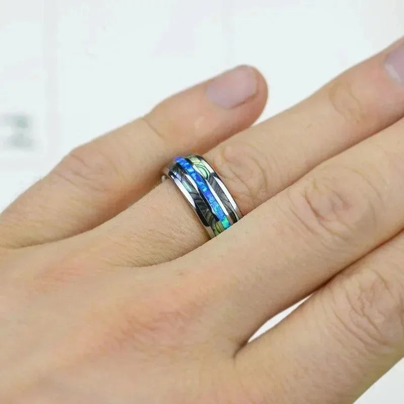 Fashion 8mm Silver Color Tungsten Wedding Men Stainless Steel Rings Inlay Abalone Shell Blue Opal Rings Men Wedding Jewelry