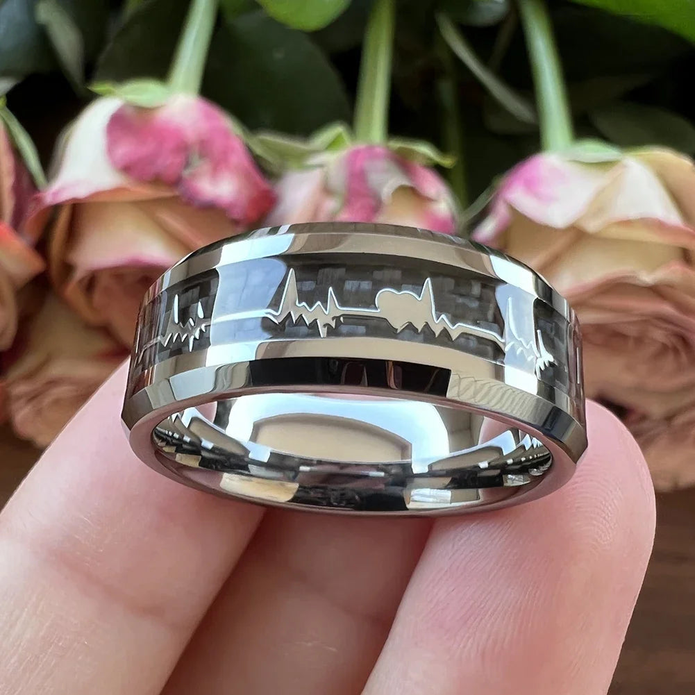 Fashion 8mm SilverBlue Carbon Fiber Heart Inlay Tungsten Carbide Engagement Rings Wedding Bands Domed Polished Shiny Comfort Fit
