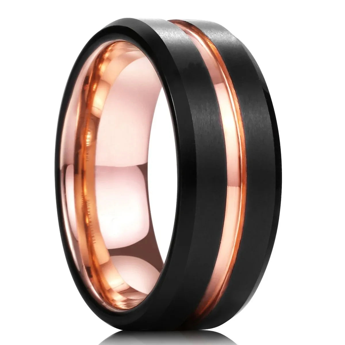Fashion 8mm Black Brushed Stainless Steel Rings for Men Rose Gold Color Step Edge Men Promise Rings Wedding Party Jewelry Gifts