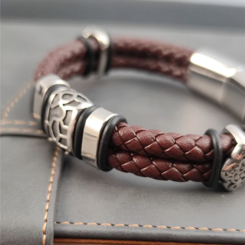 Brown Luxury 316L Stainless Steel Irregularly Cracked Man Bracelet Genuine Braided Leather Men's Jewelry Items