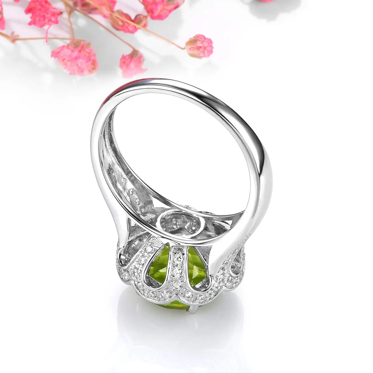 Natural Peridot Sterling Silver Ring 3.2 Carats Genuine Gemstone Women Classic Flower Design S925 Rhodium Plated Anniversary