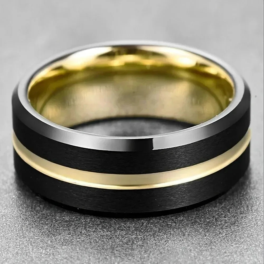 Trendy 8mm Men Stainless Steel Rings Black Brushed Gold Color Groove Beveled Edge Engagement Ring Men Wedding Jewelry Wholesale