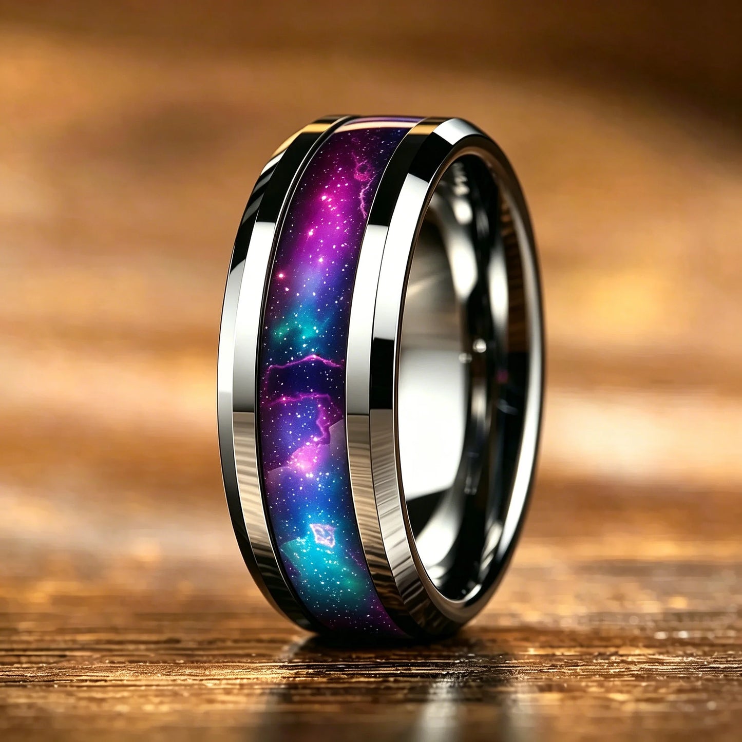 8mm Cosmic Starry Sky Stainless Steel Men Ring, Futuristic Design with Colorful Nebula Pattern Rings , Wedding Band Jewelry