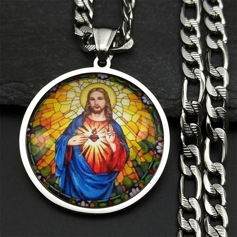 Sacred Heart of Jesus Medal Round Pendant Necklace for Women Men Stainless Steel Christian Talisman Protection Religious Jewelry