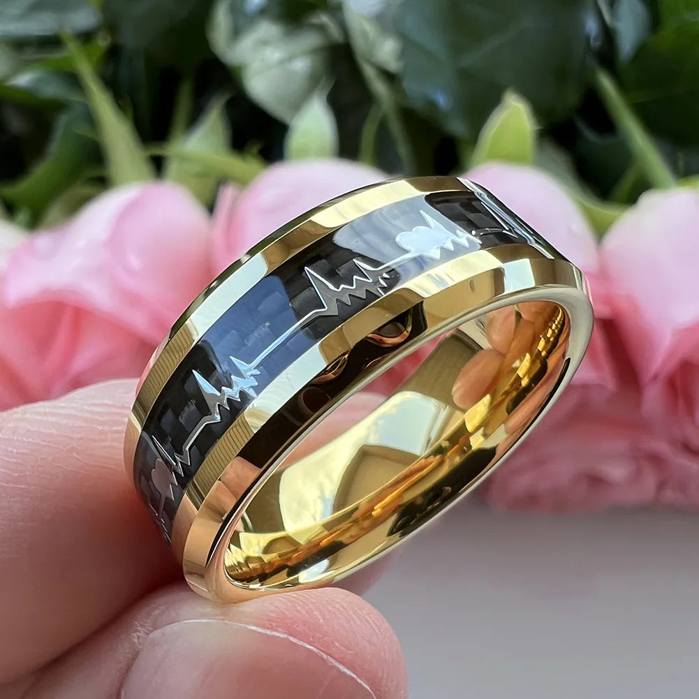 Fashion 8mm SilverBlue Carbon Fiber Heart Inlay Tungsten Carbide Engagement Rings Wedding Bands Domed Polished Shiny Comfort Fit