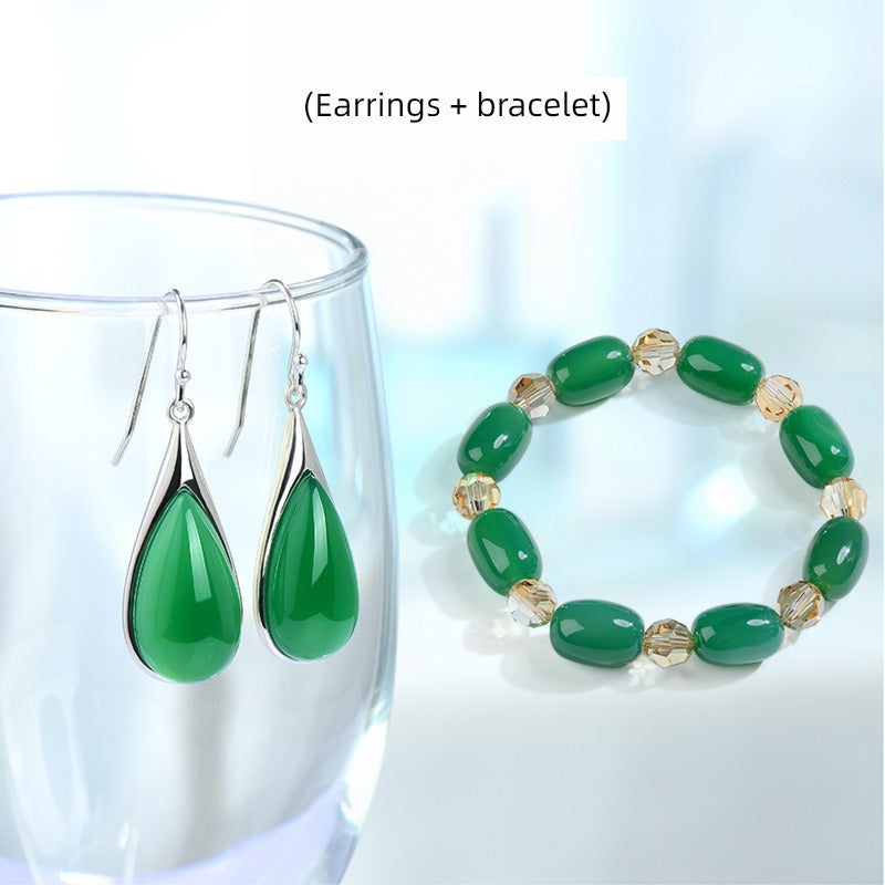 Women's Sterling Silver Long Special-Interest Design Ornament Green Agate Earrings + Bracelet(Earrings + Bracelet)