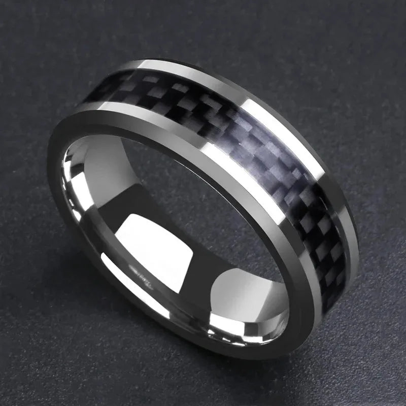 Fashion 8mm Men's Stainless Steel Ring Inlay Black Carbon Fiber Ring Wedding Engagement Jewelry Anniversary Gifts Drop Shipping