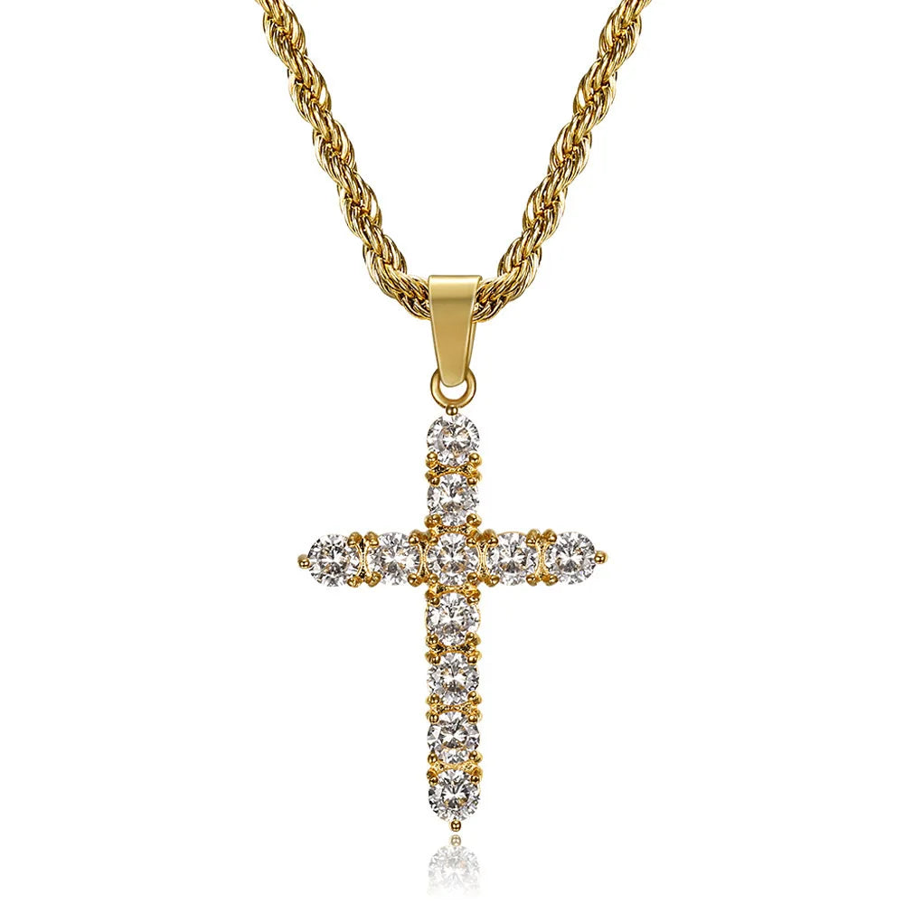 Fashion Jewelry Stainless Steel Cross Aglare Crystal Hip Hop Gold Charm Pendant Necklace Twist Chain