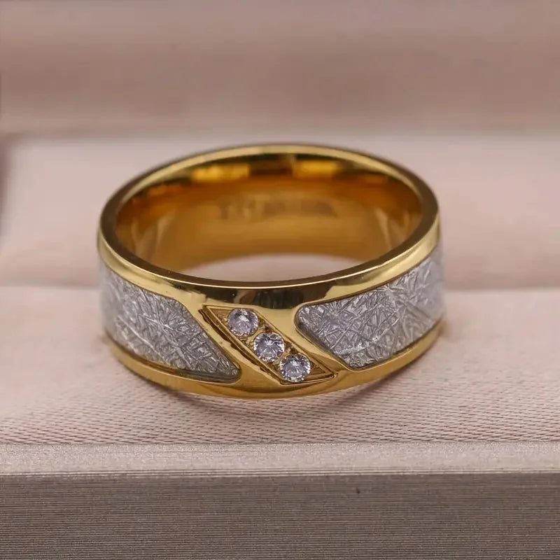 Gold Color Tungsten Carbon Fibre Wedding Rings Trendy 8mm For Men Meteorite Cubic Zirconia Inlaid Stainless Steel Engagement