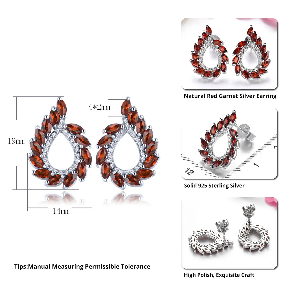 Natural Red Garnet Sterling Silver Stud Earring 2.6 Carats Genuine Garnet Birthstone Women Classic Romantic Style Fine Jewelrys