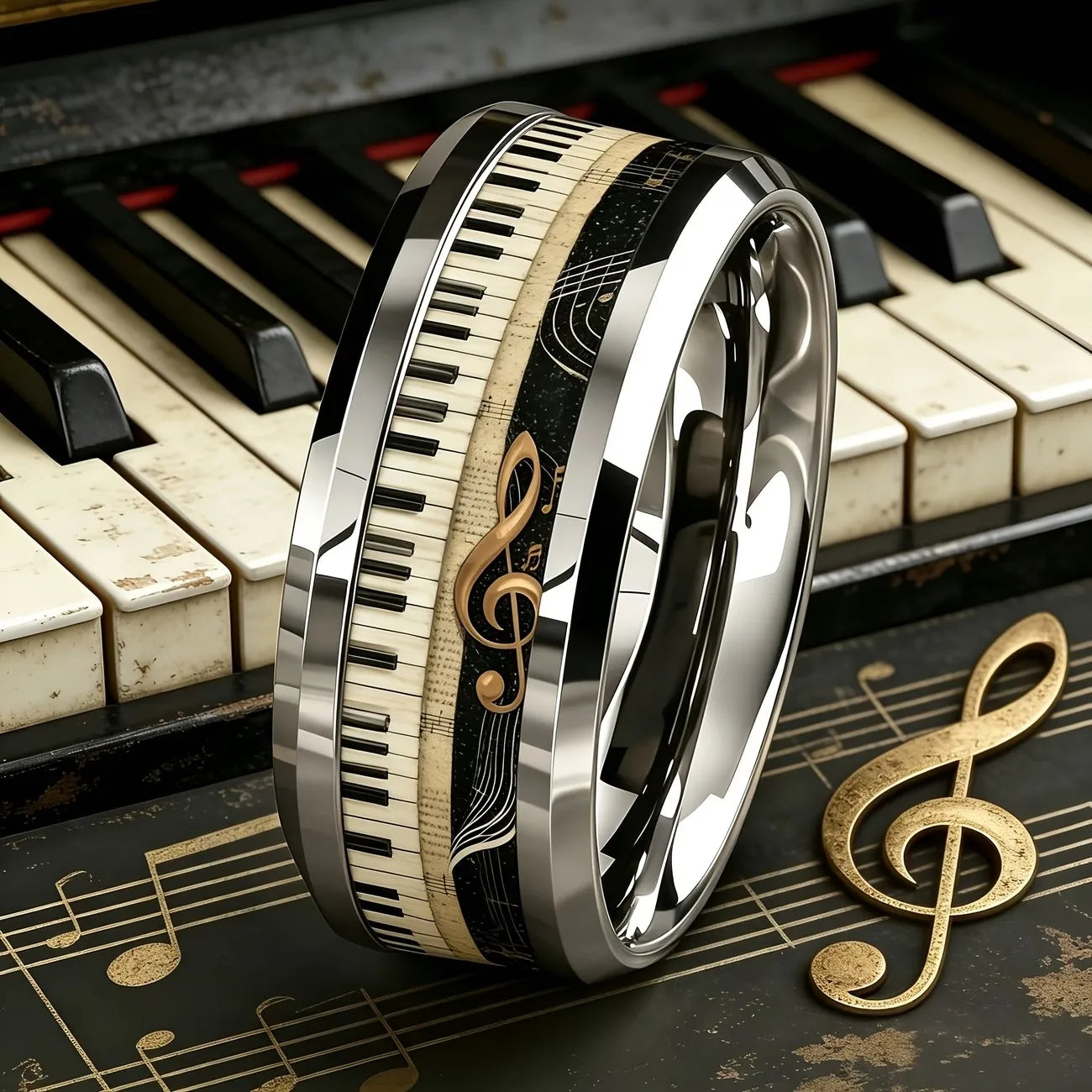 Fashion Stainless Steel Piano Note Ring Hypoallergenic Jewelry for Men, Ideal Opening Graduation Gift for Music Lovers Musician