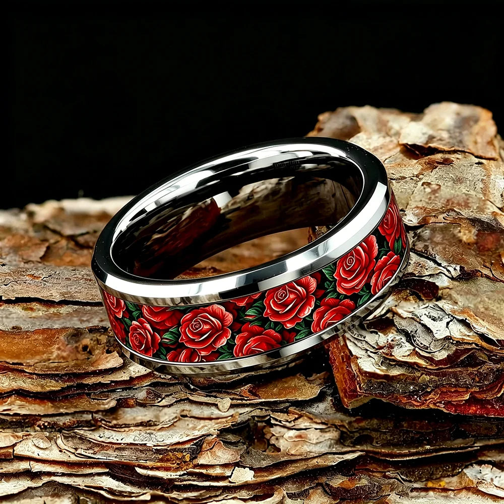 Women's Stainless Steel Ring Red Rose Flower & Green Leaves Inlay Wedding Band Romantic Valentine Floral Pattern Finger Jewelry
