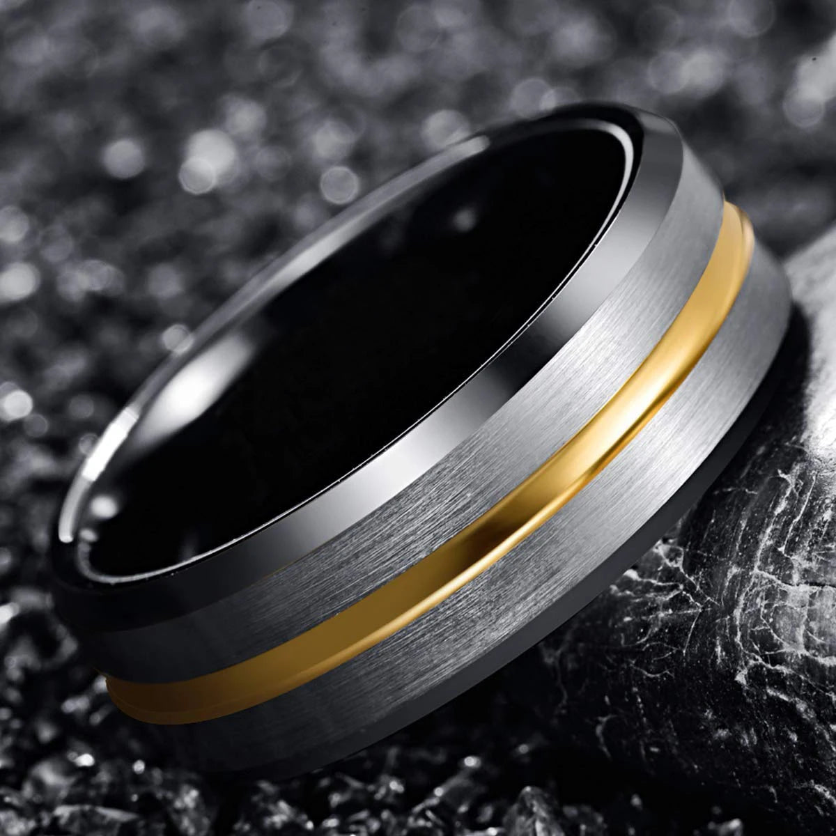 Fashion 8mm Gold Color Groove Men Stainless Steel Rings Silver Color Brushed Black edge Rings For Men Women Wedding Band Jewelry