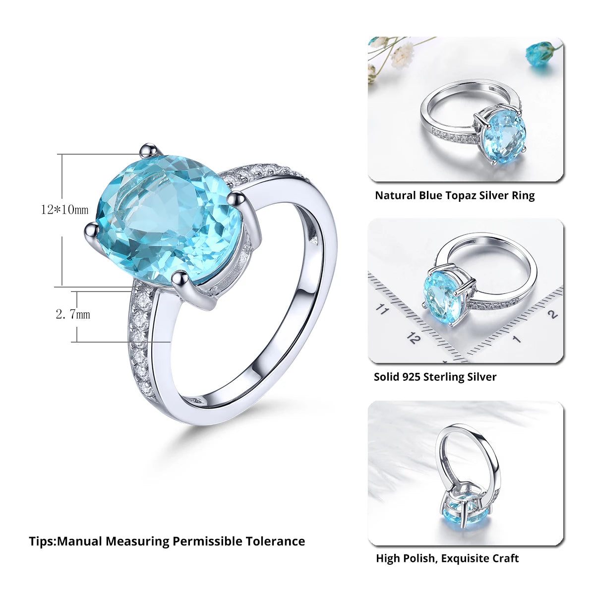 Natural Sky Blue Topaz Sterling Silver Rings 5.8 Carats Genuine Gemstone Pure Clean Gemstone Classic Engagement Fine Jewelry