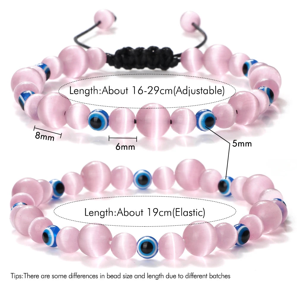 Blue Evil Eye Beaded Bracelets Natural Cat Eye Stone 6 8mm Opal Men Bangles Adjustable Women Bracelet Lucky Yoga Jewelry Gifts