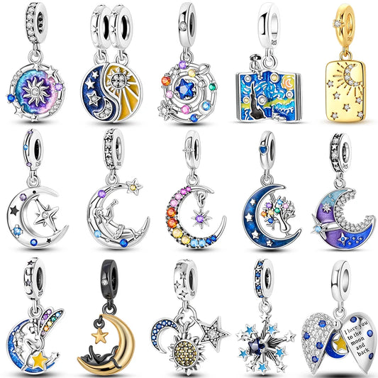 Star Moon Sun Charm 925 Sterling Silver Dreamcatcher Tree of Life Colorful Crystal Zircon Spacer Fit DIY Bracelet Jewelry Making