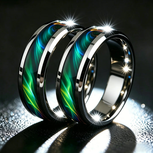 Men's Green Aurora Nebula Stainless Steel Ring, Silver Color Polished with Malachite Inlay, Punk Biker Jewelry Gift for Him