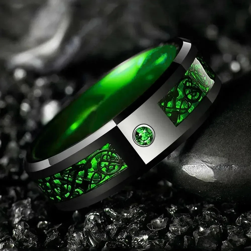 Fashion 8mm Black Tungsten Wedding Celtic Dragon Rings Inlaid Green Zircon Ring for Men Stainless Steel Purple Carbon Fibre Ring