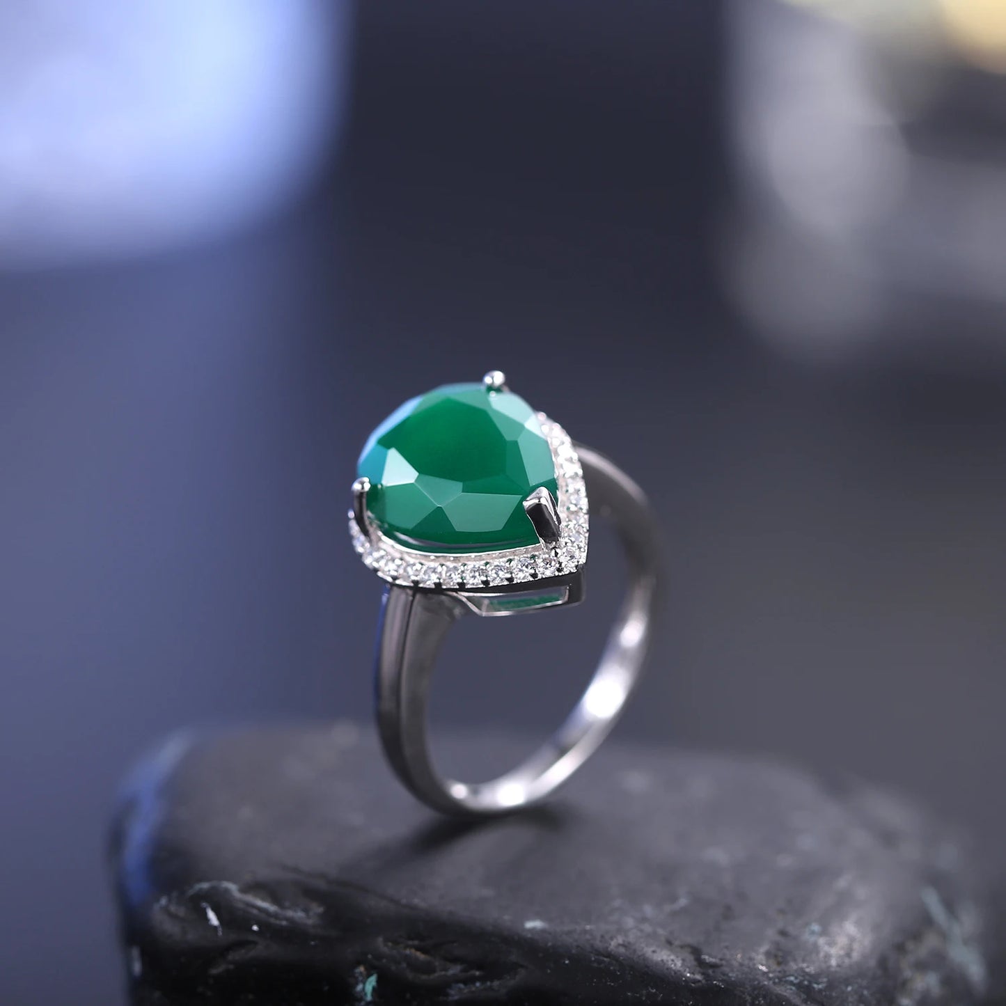 GEM'S BALLET 925 Sterling Silver Water Drop Green Agate Rings Trendy Classic Engagement Fine Jewelry for Women Gemstone Ring