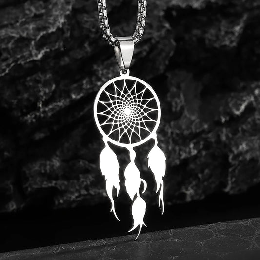 Stainless Steel Tassel Long Dream Catcher Pendant Necklace Fashion Women Retro Bohemian Ethnic Style Lucky Jewelry