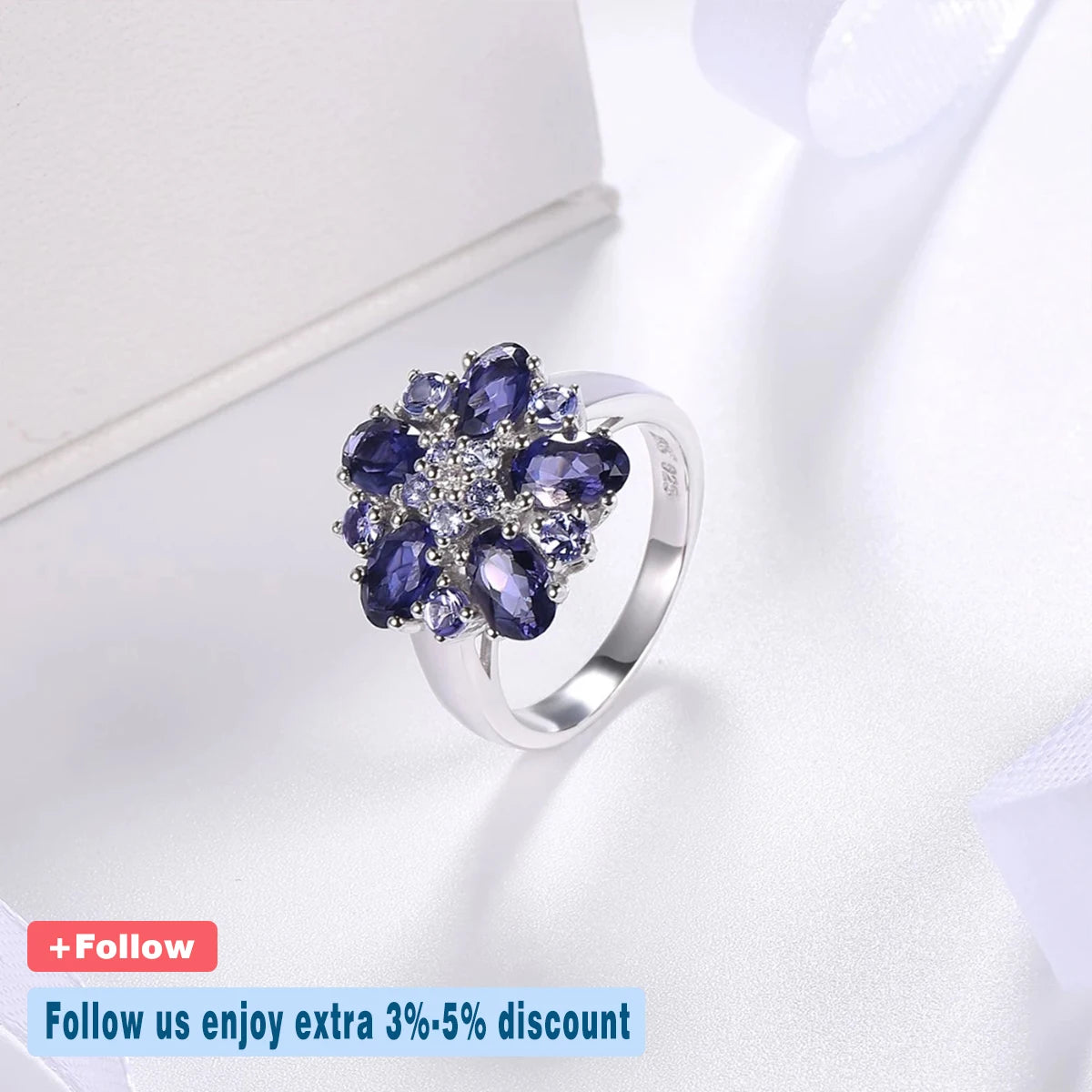 HUTANG Iolite Tanzanite Wedding Rings Natural Gemstone Accents 925 Sterling Silver Ring Fine Elegant Jewelry for Women's Gift