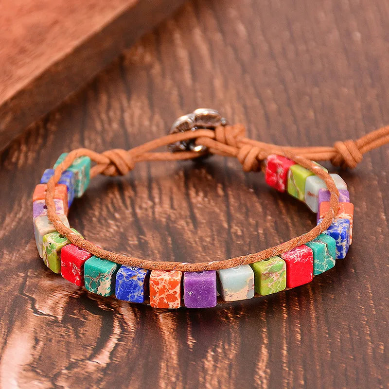 Multicolor Natural Gem Leather Tibetan Gypsy Adjustable Bracelet for Women Men Style6