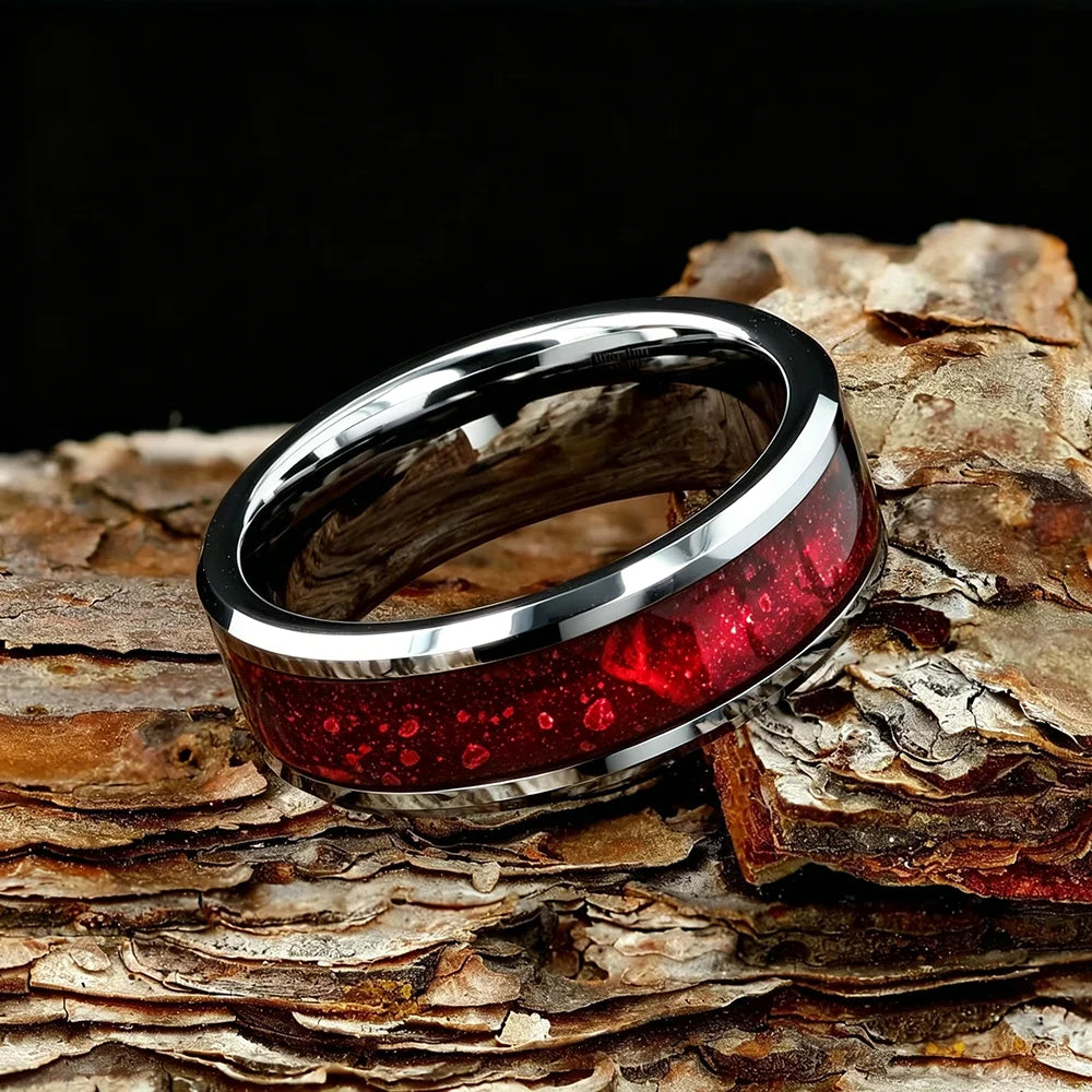 8mm Red Galaxy Nebula Crushed Stone Stainless Steel Ring Promise Wedding Ring for Men & Women, Comfort Fit, Wedding Band Jewelry
