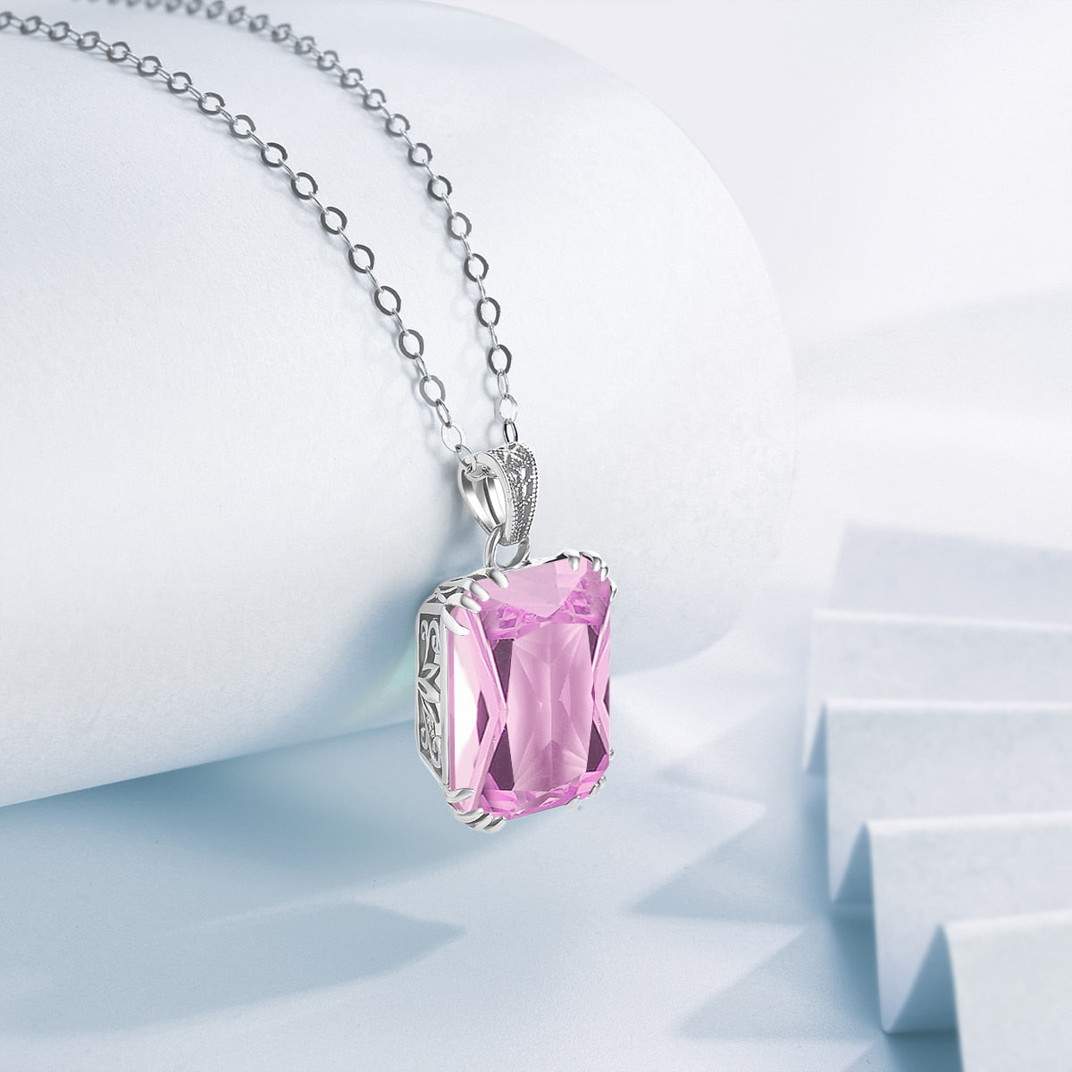 SILVERCHAKRA 925 Sterling Silver Necklace For Women Luxury Aquamarine Gemstones Necklace Pendant Fine Jewelry Filigree Design Pink Crystal 45cm