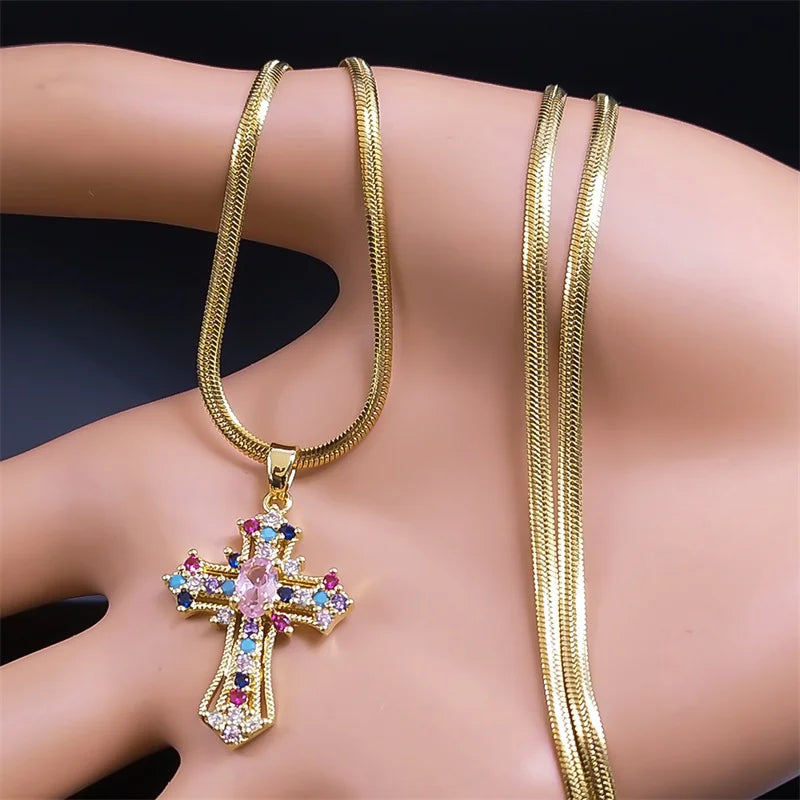 Vintage Shiny Zircon Jesus Cross Religious Amulet Necklace Women Stainless Steel Clavicle Snake Chain Choker Necklaces Jewelry