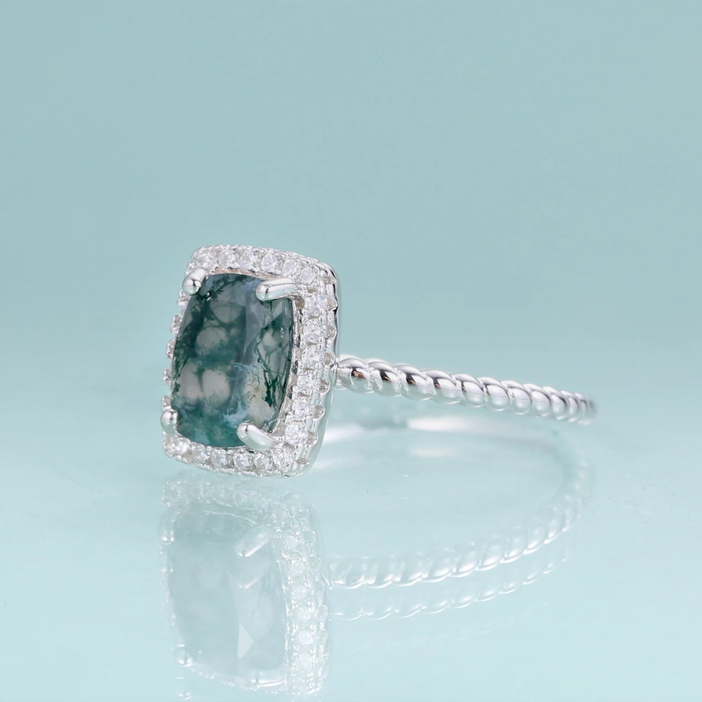 GEM'S BALLET 1.78Ct 6x8mm Cushion Moss Agate Halo Engagement Rings 925 Sterling Silver Stripes Promise Ring Gift For Her