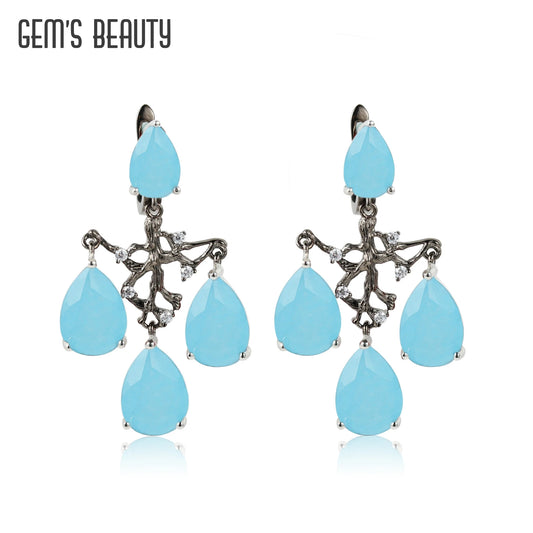 GEM'S BEAUTY 925 Sterling Silver Tree Roots Branches Earrings with Aqua-blue Calcedony Handmade Vintage Jewelry Gifts For Her